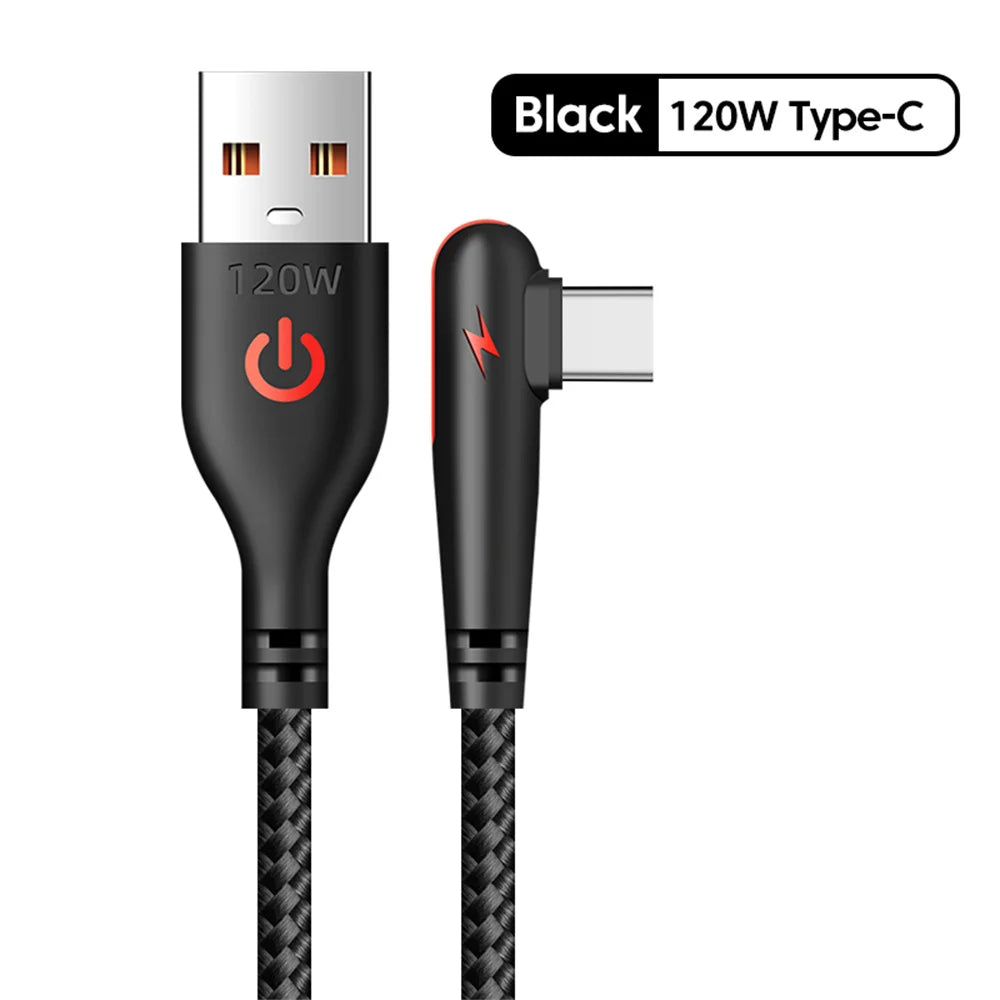 90 Degree Elbow USB Type C Cable 120W Fast Charging Phone Charger Data Cord For Samsung Xiaomi Huawei Quick Charge USB C Cable