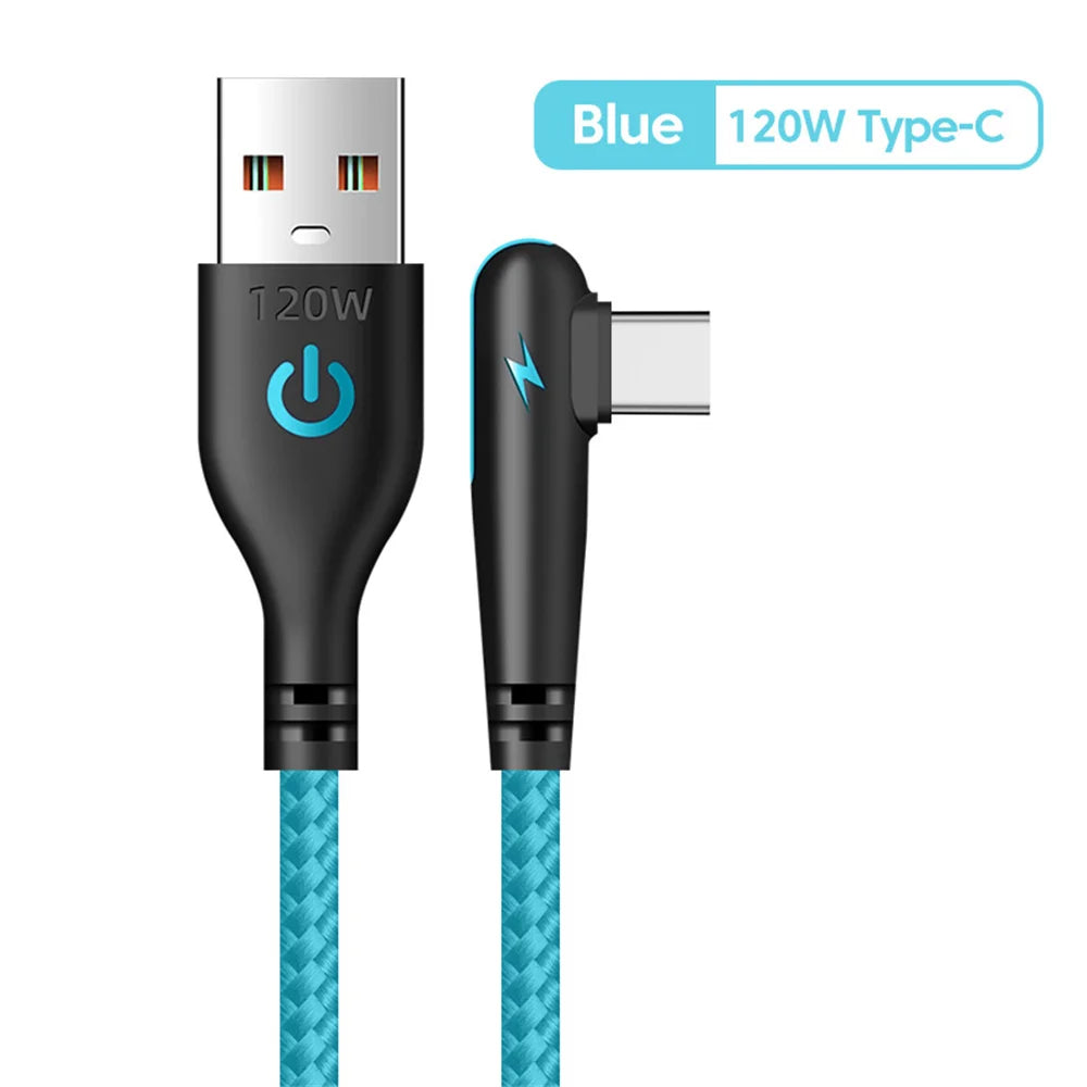 90 Degree Elbow USB Type C Cable 120W Fast Charging Phone Charger Data Cord For Samsung Xiaomi Huawei Quick Charge USB C Cable