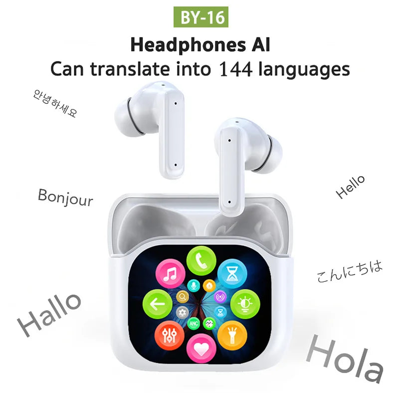 LED full-color touch screen Bluetooth earphones BY16 in-ear ANC+ENC noise-cancelling Bluetooth earphones AI translation