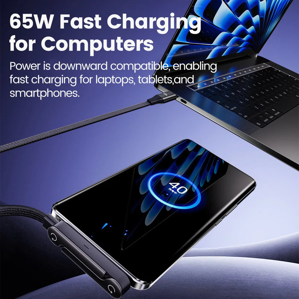 65W USB Fast Charging Cable With Foldable Phone Holder 2-in-1 Type-C Quick Charge Data Wire USB C Charging Line For Mobile Phone