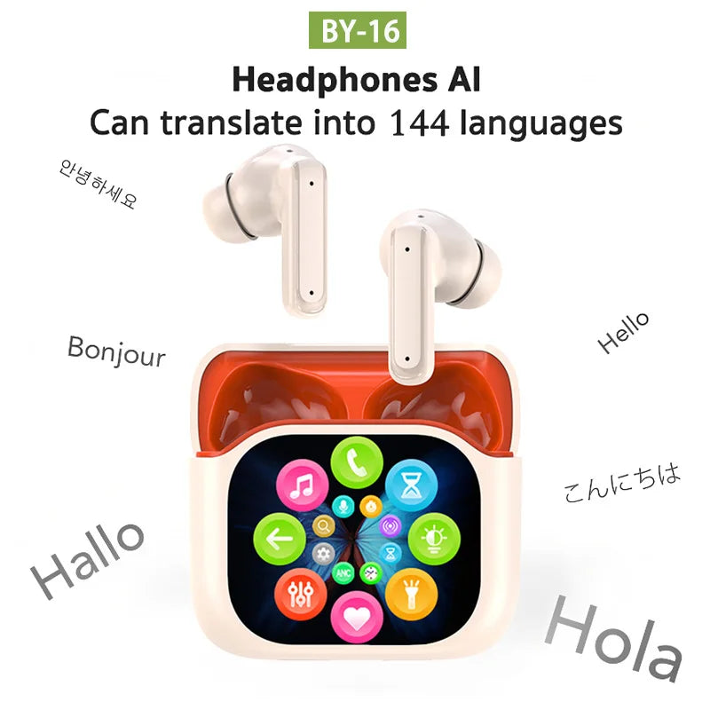 LED full-color touch screen Bluetooth earphones BY16 in-ear ANC+ENC noise-cancelling Bluetooth earphones AI translation