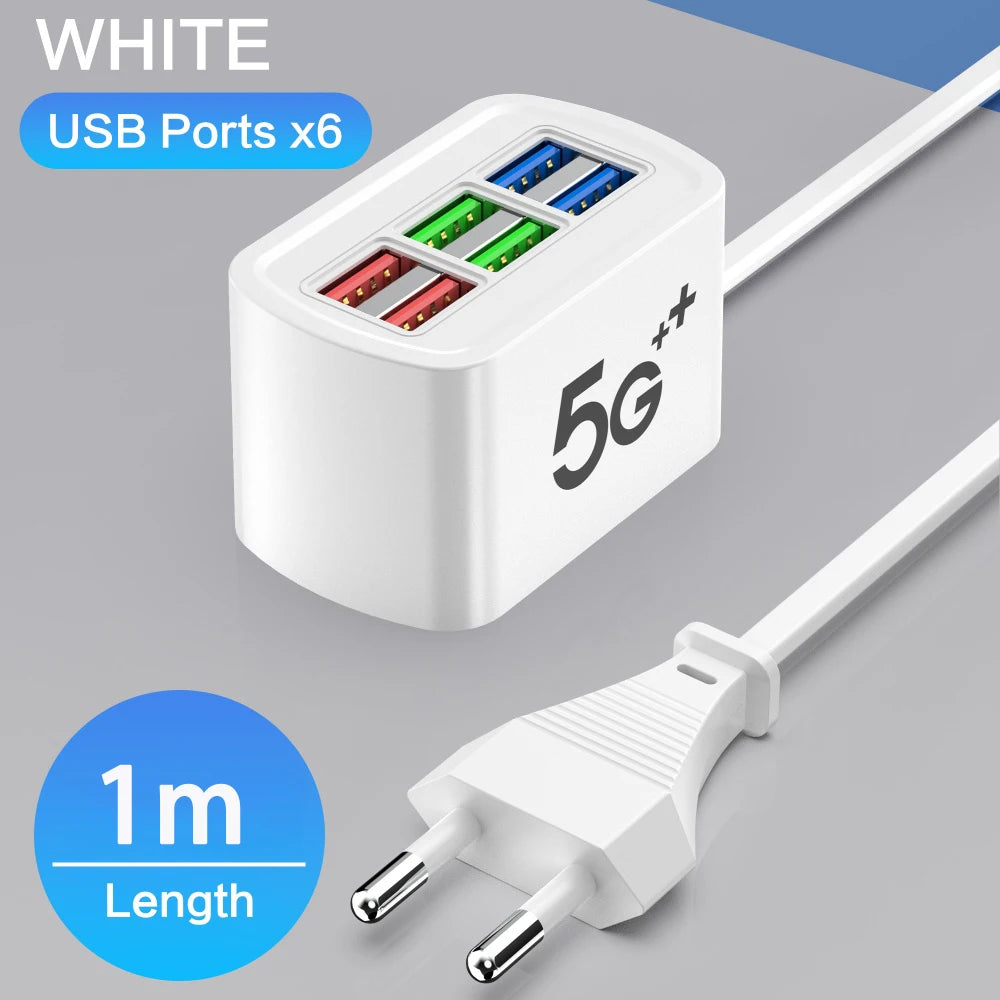 6 Ports Power Strip Multi USB Phone Charger Universal Adapter Fast Quick Charging Head Socket Wall Charger Socket HUB Splitter